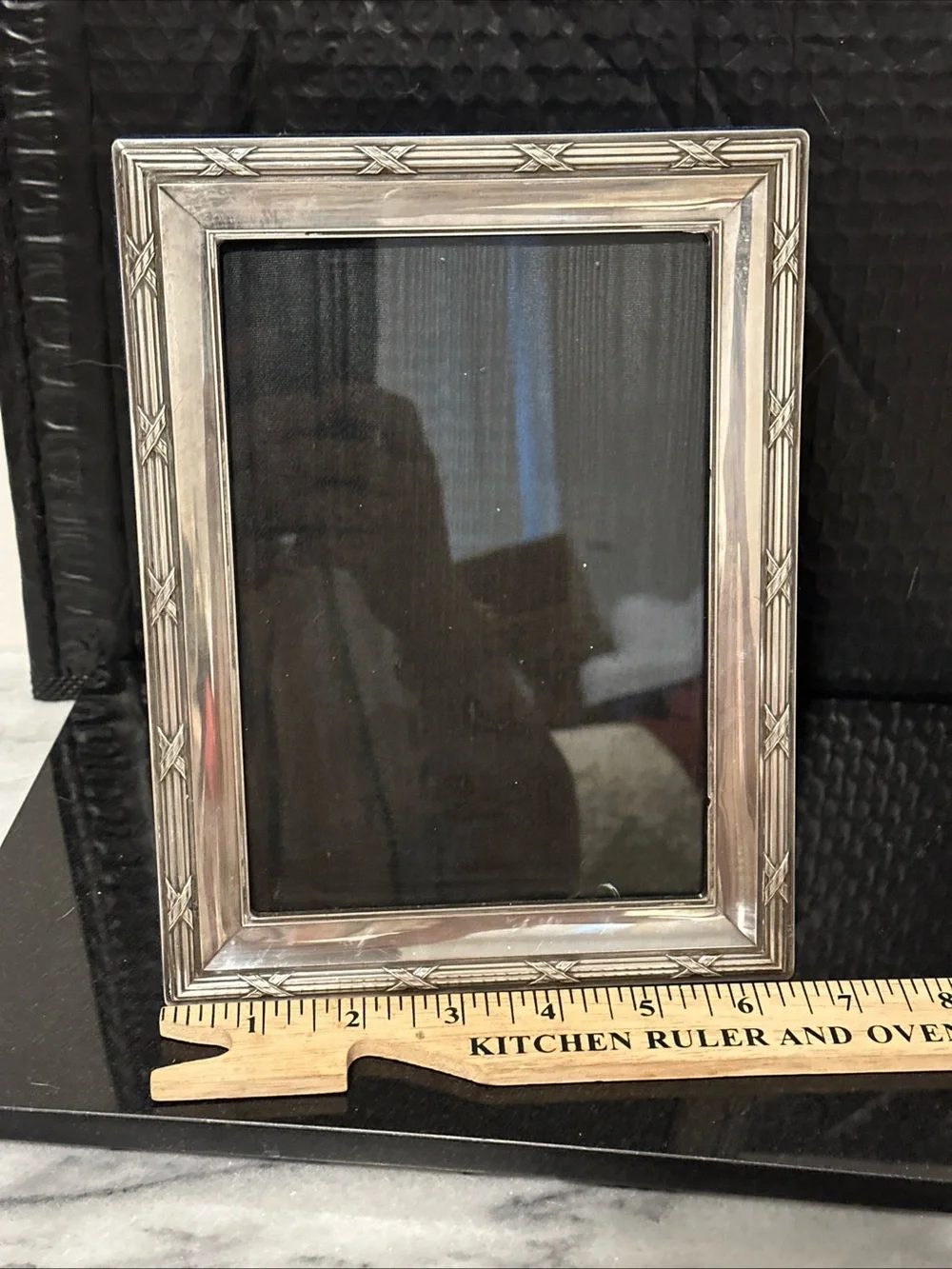 Sterling silver criss cross design border picture frame 5x7” photo velvet back